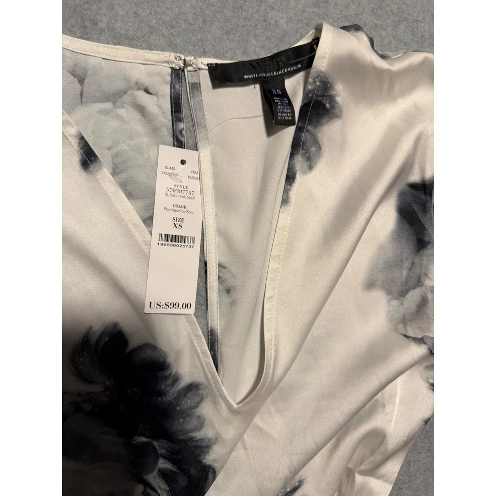 WHBM White House Black Market Floral Satin V-Neck Shell Top Ecru XS 570397747